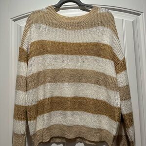 entro Striped Open-Knit Sweater in White and Tan